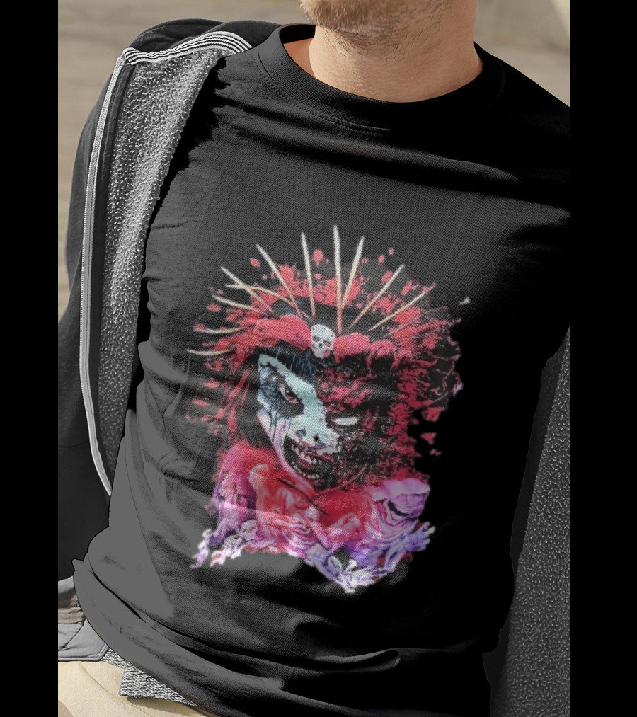 Demonic Japanese Geisha Skull Crown With Red Paint Splatter And Floral T-Shirt