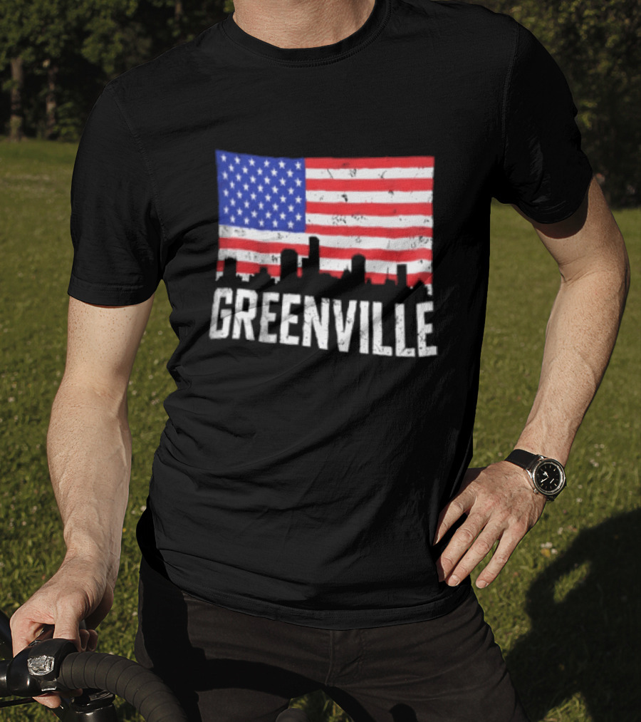 Greenville Skyline American Flag Cityscape T-Shirt