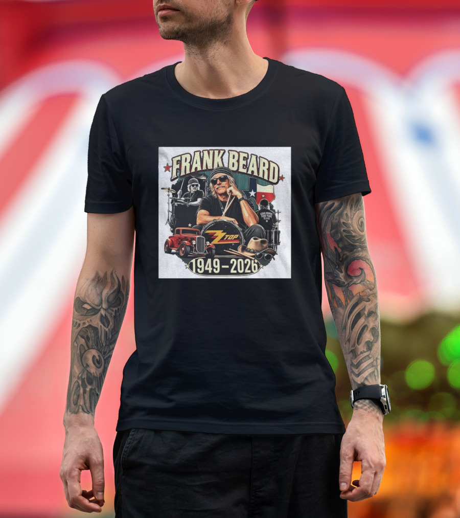 Frank Beard ZZ Top Rock Texas Drummer 1949 2026 Vintage Car And Drumsticks T-Shirt