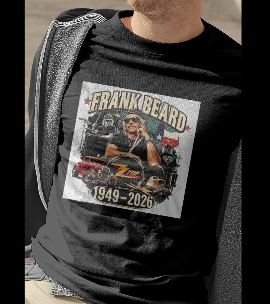 Frank Beard ZZ Top Rock Texas Drummer 1949 2026 Vintage Car And Drumsticks T-Shirt