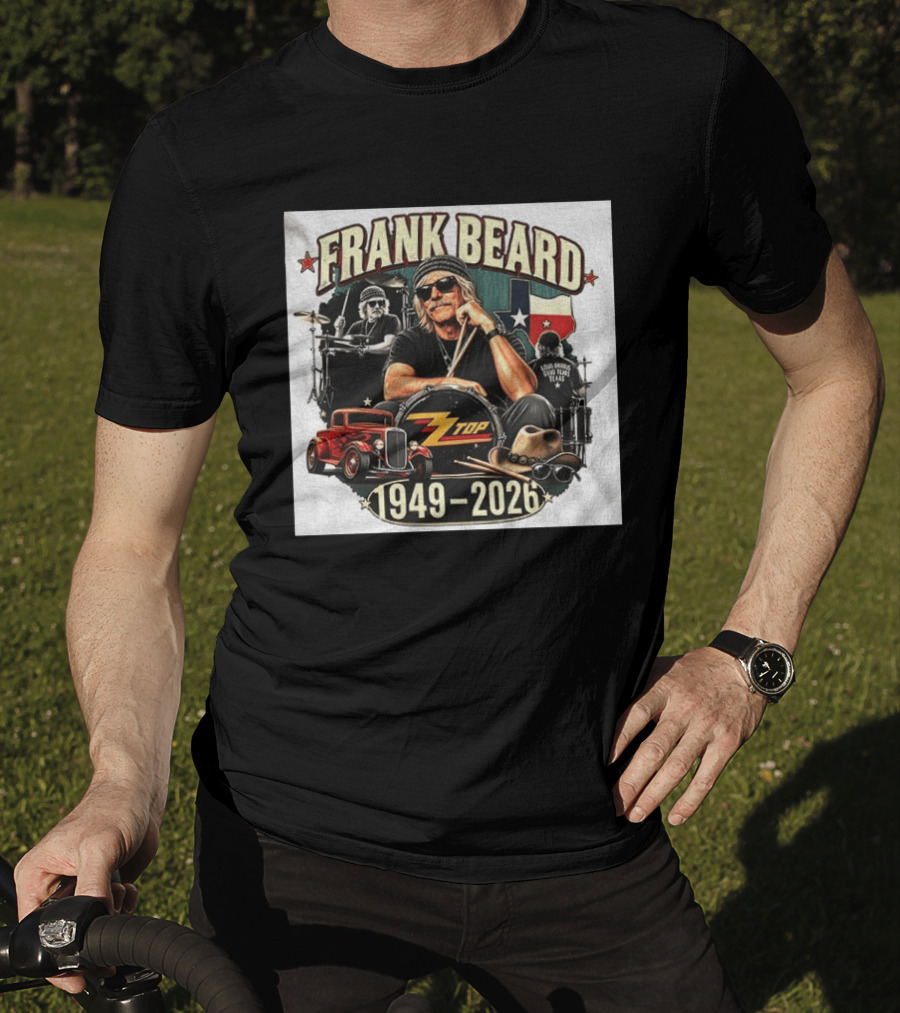 Frank Beard ZZ Top Rock Texas Drummer 1949 2026 Vintage Car And Drumsticks T-Shirt