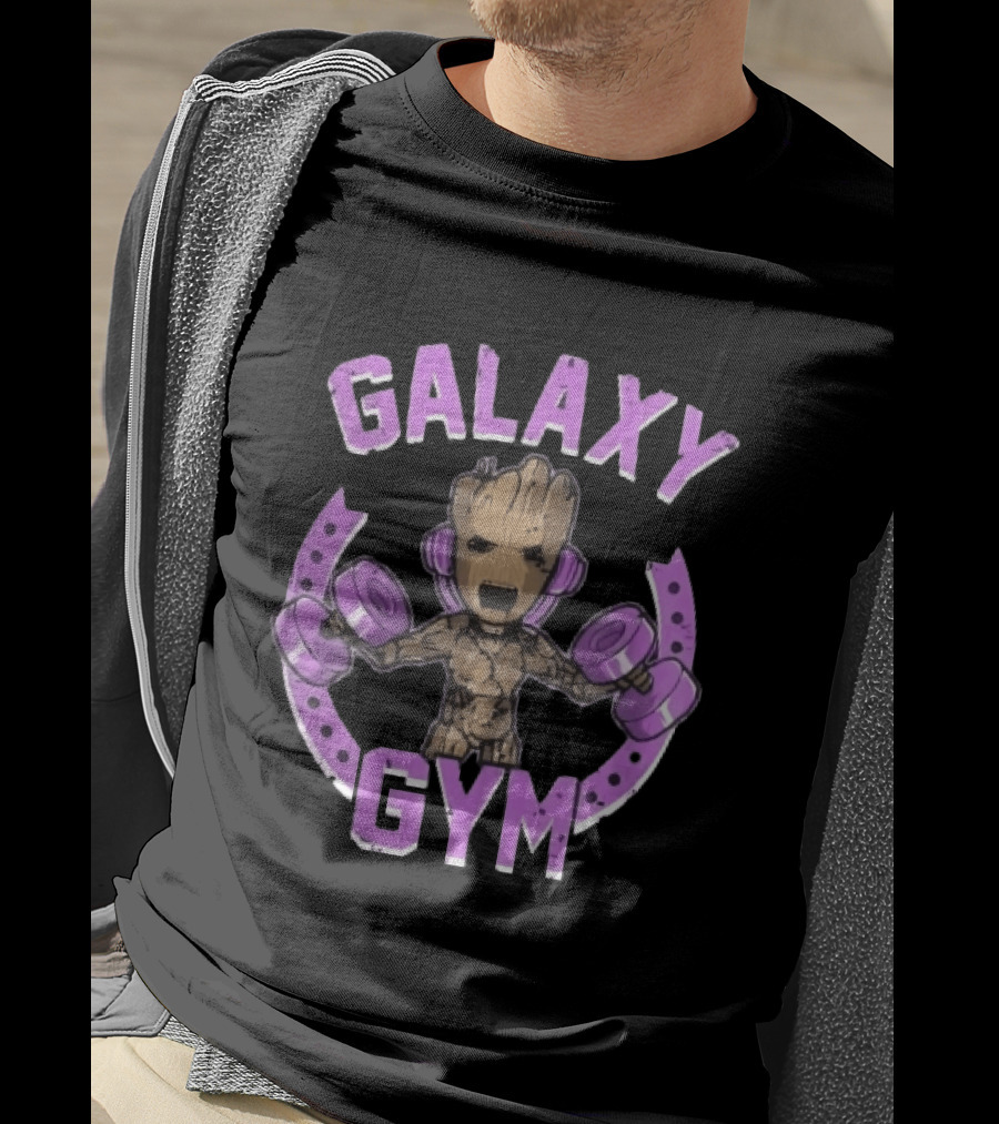Galaxy Gym Cartoon Tree Lifting Dumbbells Headphones T-Shirt