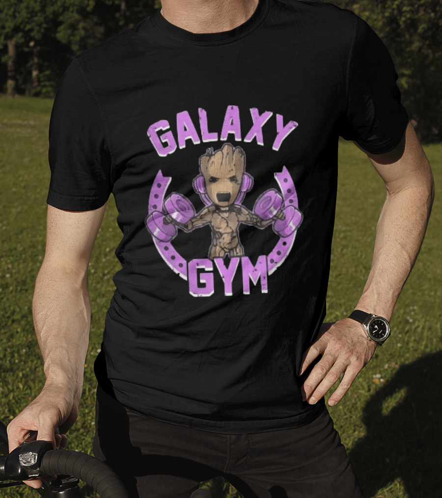 Galaxy Gym Cartoon Tree Lifting Dumbbells Headphones T-Shirt