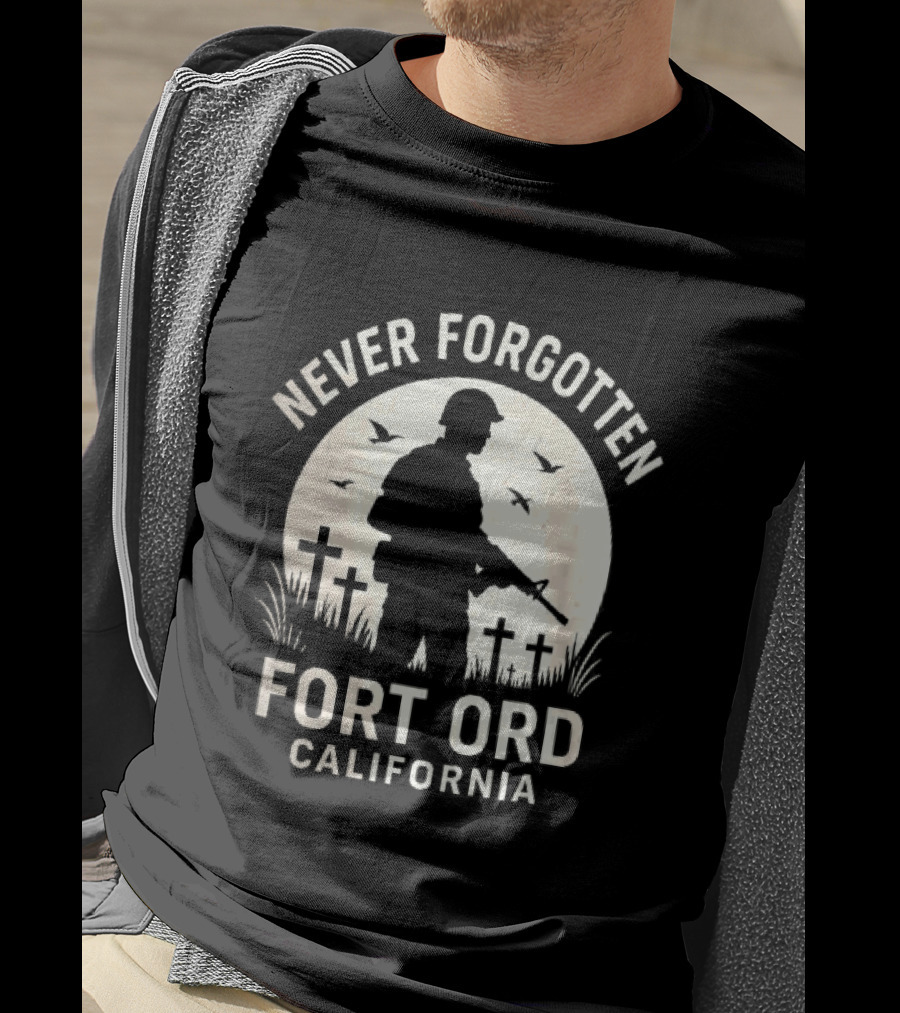 Never Forgotten Fort Ord California Soldier Moon Crosses Birds T-Shirt