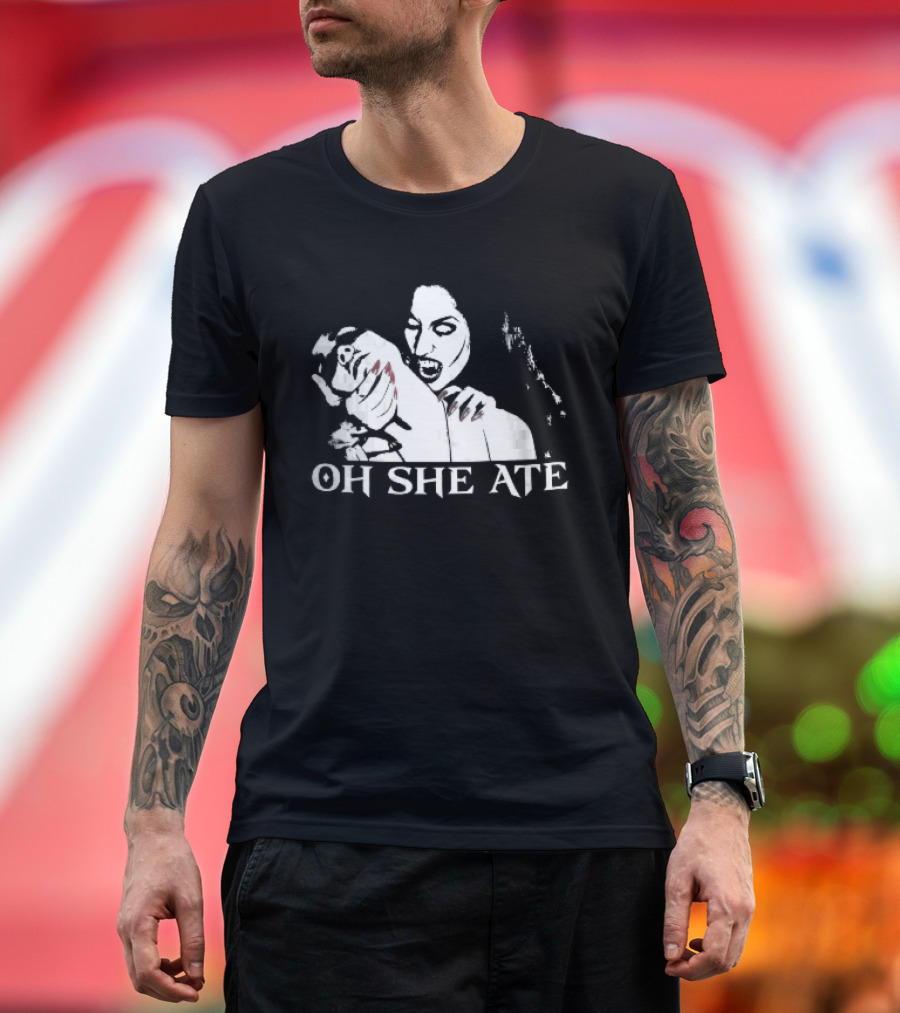 Oh She Ate Female Vampire Biting Neck Red Nails Stencil T-Shirt