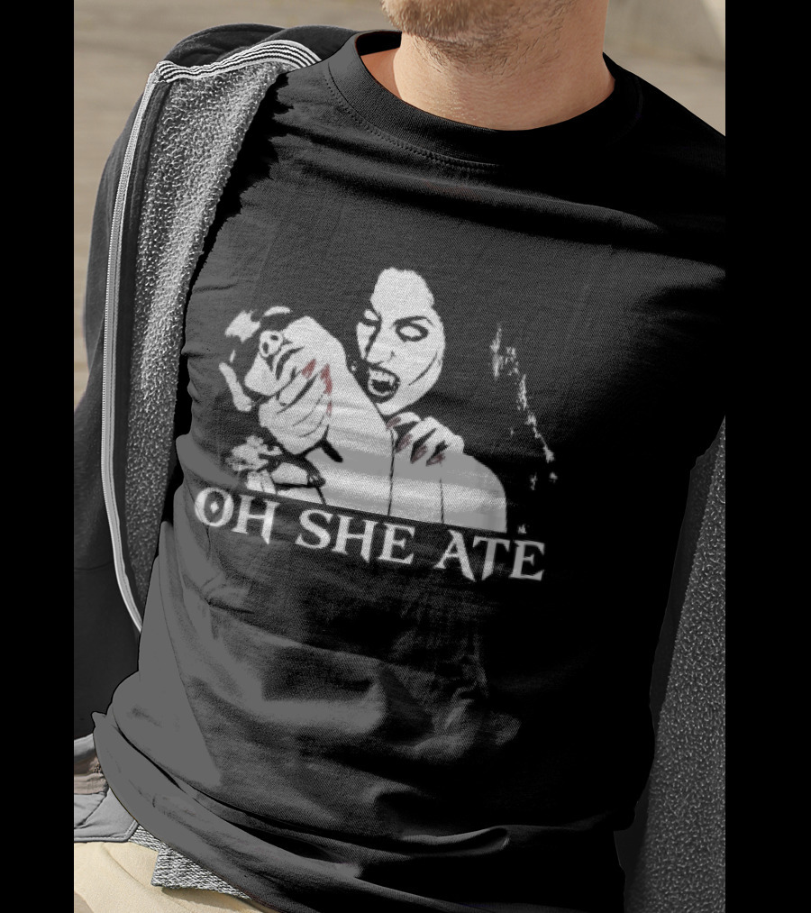 Oh She Ate Female Vampire Biting Neck Red Nails Stencil T-Shirt
