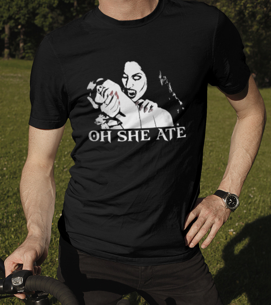 Oh She Ate Female Vampire Biting Neck Red Nails Stencil T-Shirt