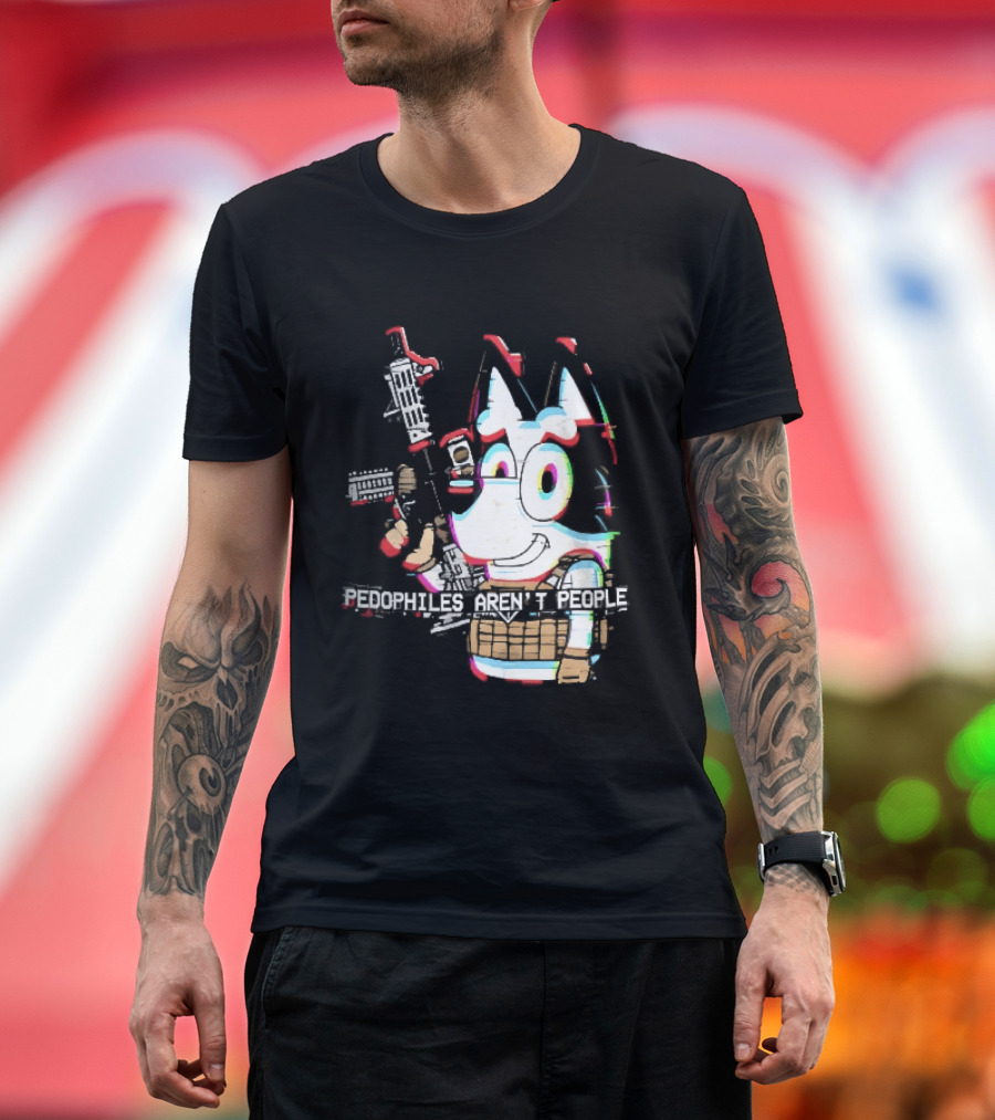 Pedophiles Aren't People Cartoon Dog Tactical Vest Assault Rifle Glitch Effect T-Shirt