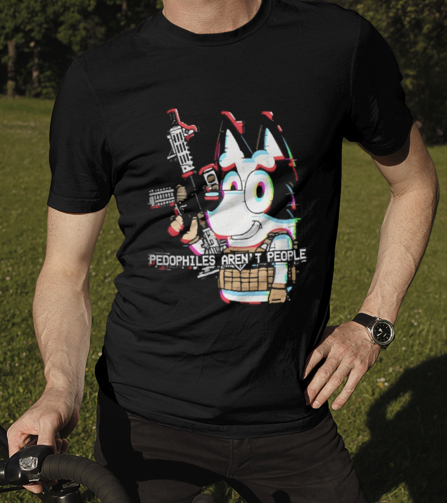 Pedophiles Aren't People Cartoon Dog Tactical Vest Assault Rifle Glitch Effect T-Shirt