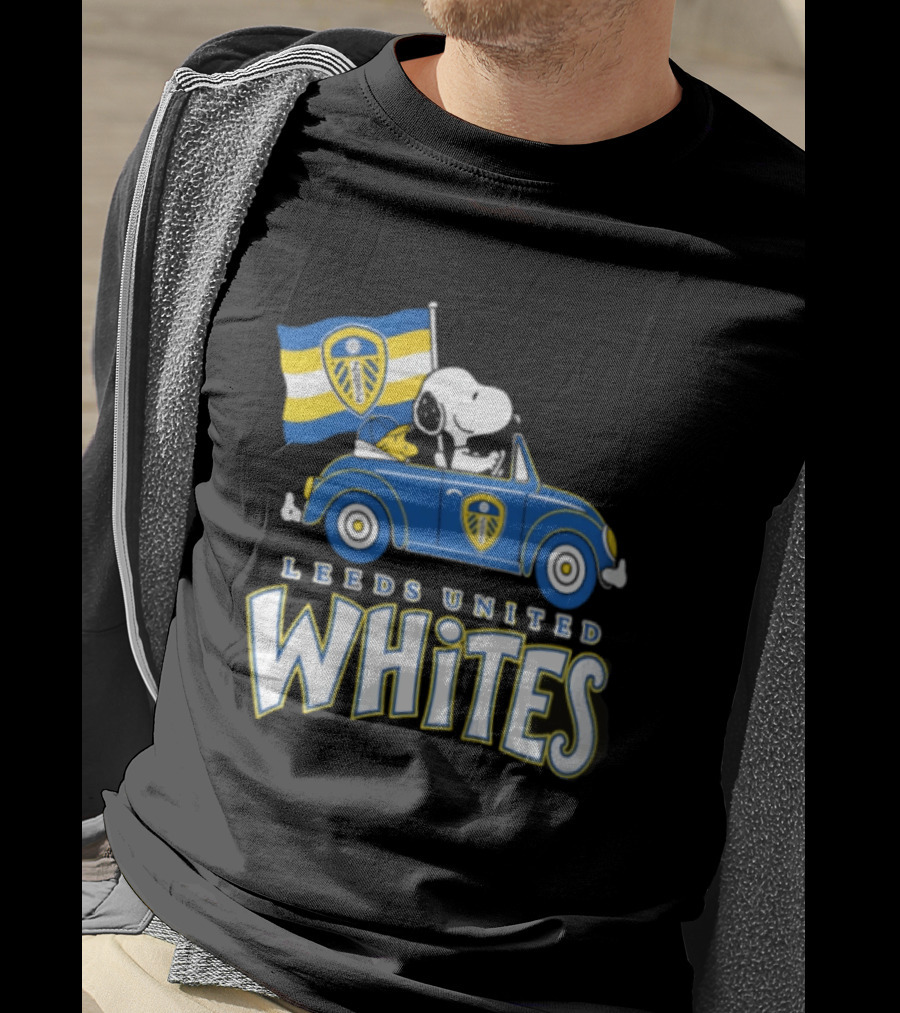 Leeds United Whites Snoopy Car Driving With Flag T-Shirt