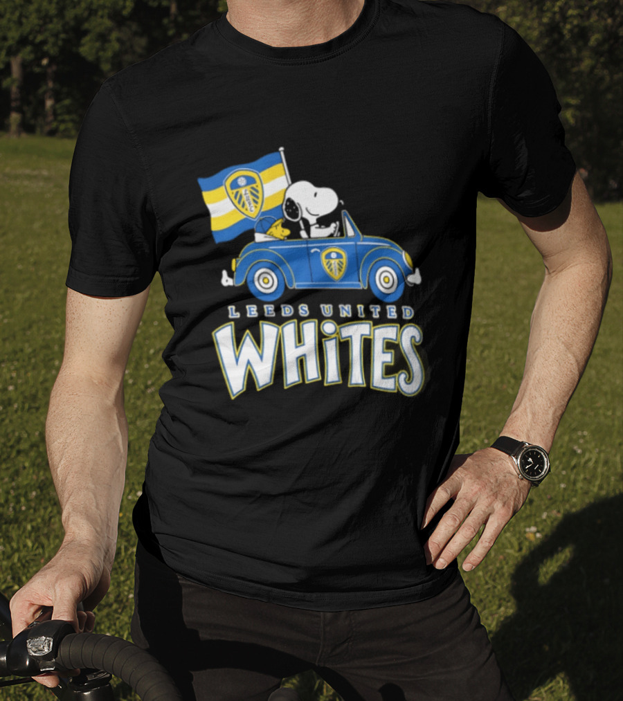 Leeds United Whites Snoopy Car Driving With Flag T-Shirt