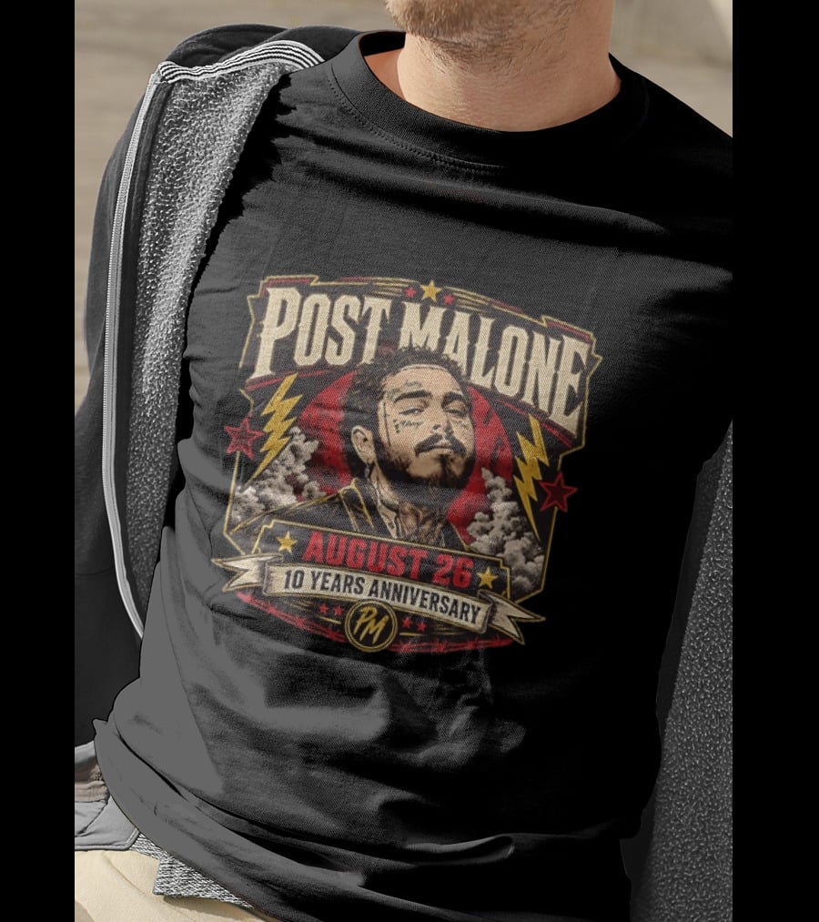 Post Malone August 26 10 Years Anniversary Retro Style Lightning Bolts And Stars T-Shirt