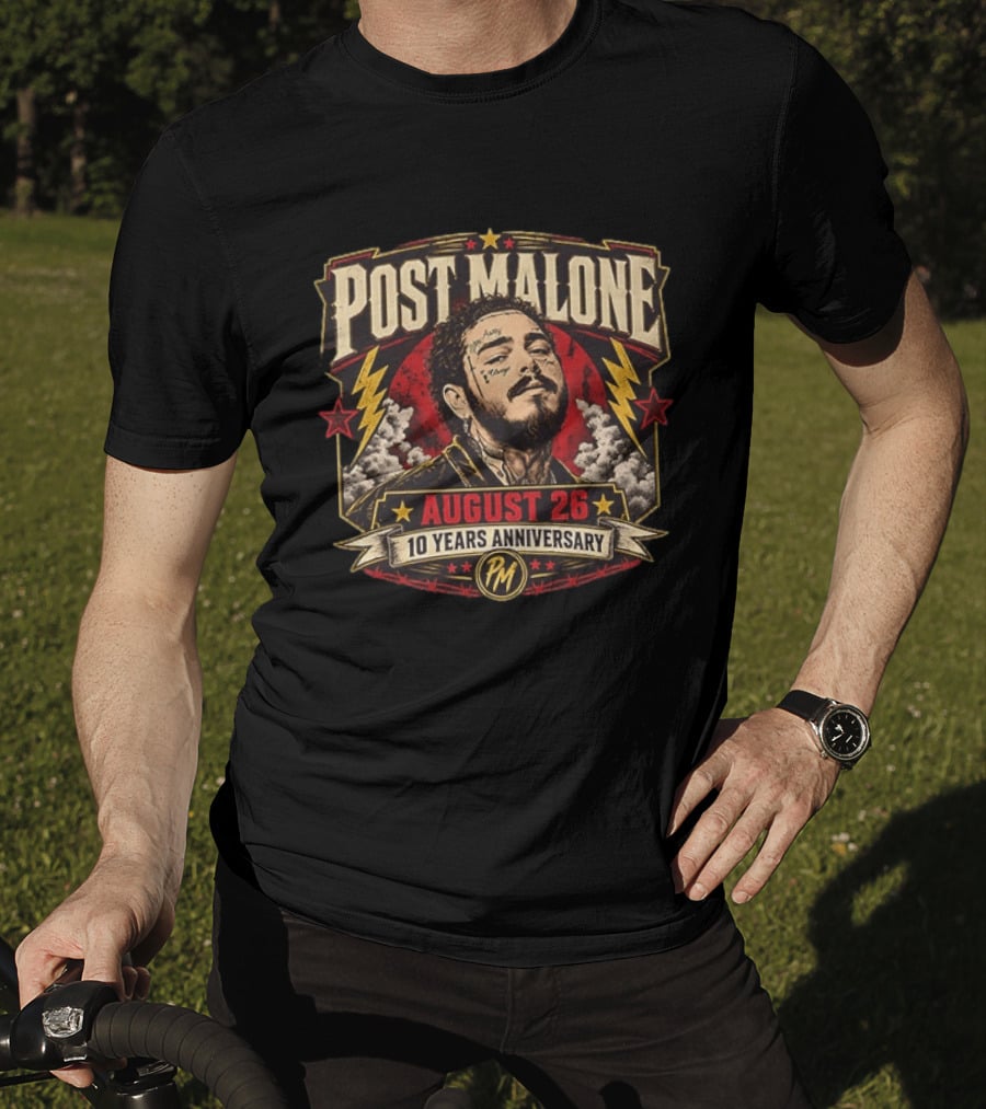 Post Malone August 26 10 Years Anniversary Retro Style Lightning Bolts And Stars T-Shirt