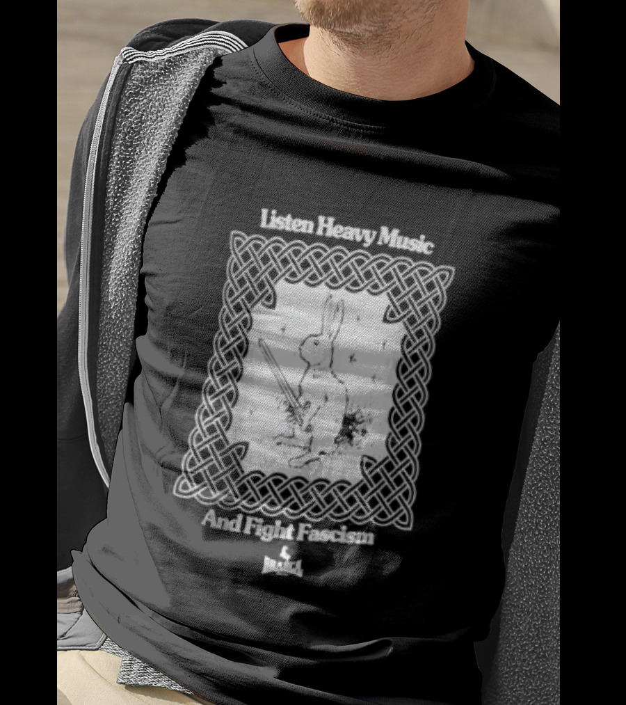 Listen Heavy Music And Fight Fascism Bunny With Sword Celtic Knot Frame T-Shirt