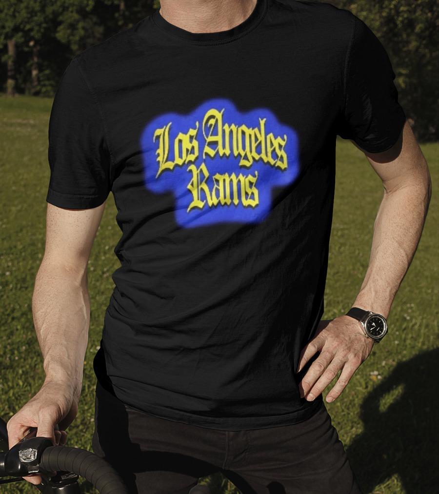 Los Angeles Rams Yellow Gothic Letters Blue Aura T-Shirt