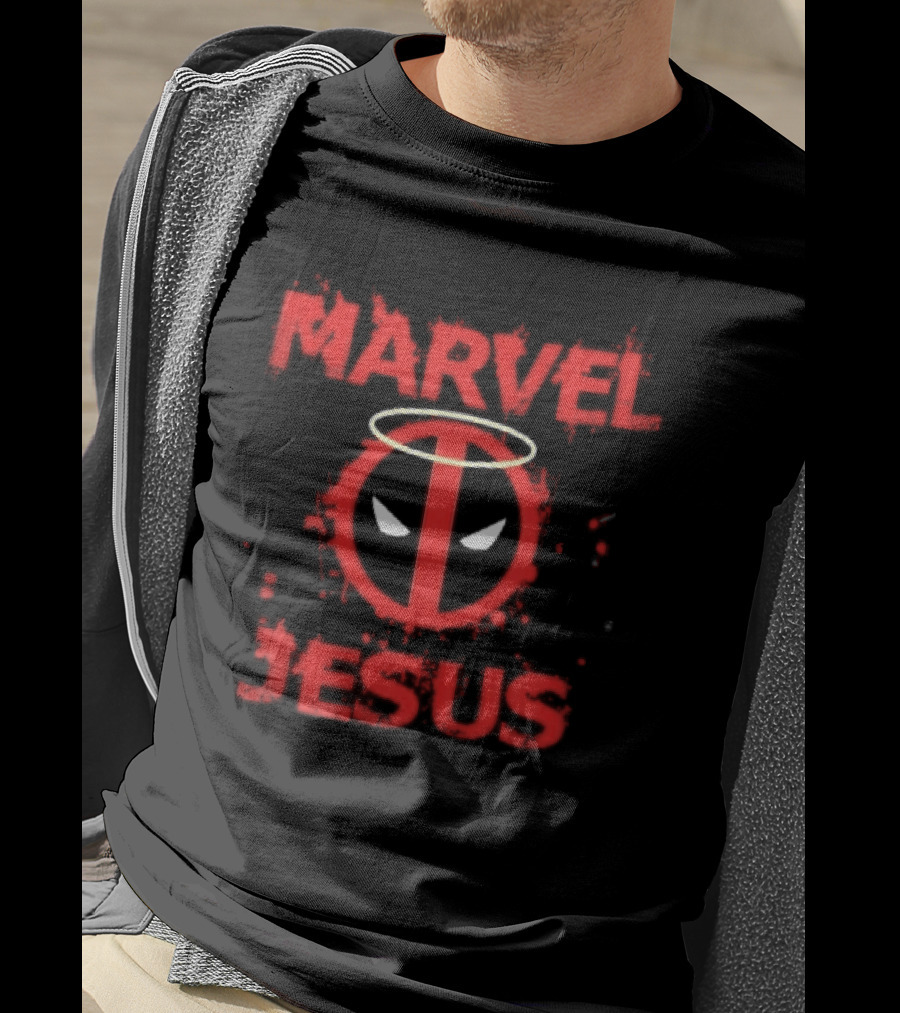 Marvel Jesus Distressed Deadpool Mask Yellow Halo Splatter T-Shirt