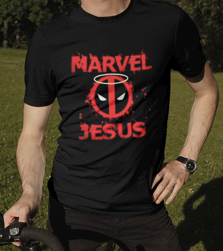 Marvel Jesus Distressed Deadpool Mask Yellow Halo Splatter T-Shirt