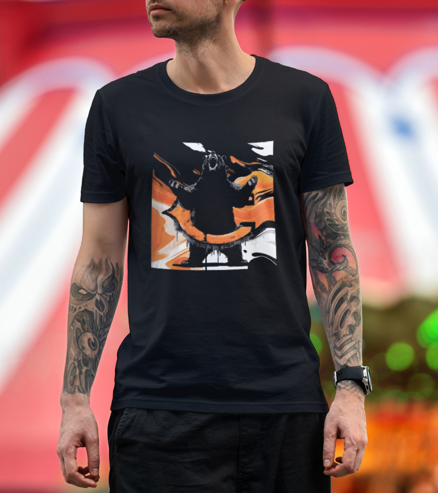 Roaring Black Bear Orange Liquid Swirls Dripping Banner T-Shirt