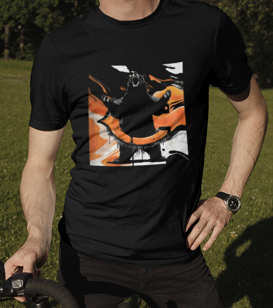 Roaring Black Bear Orange Liquid Swirls Dripping Banner T-Shirt