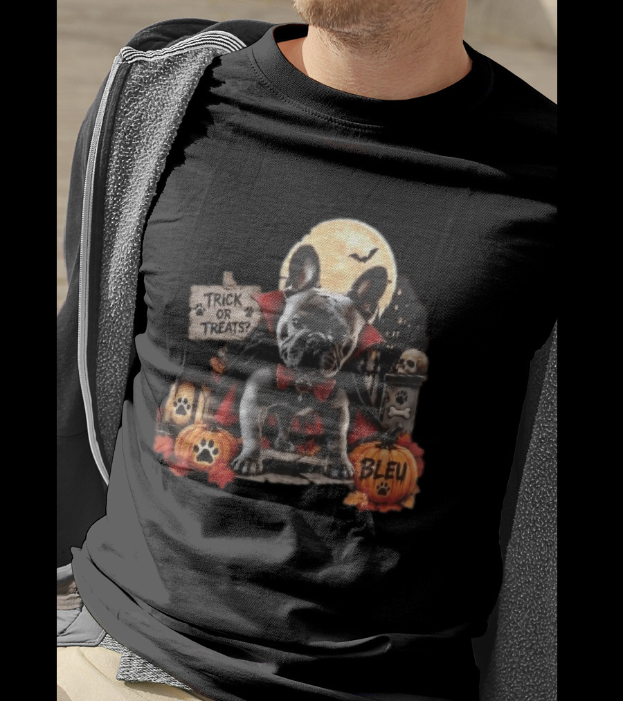 Trick Or Treats Bleu French Bulldog Vampire Cape Moon Pumpkins Halloween Scene T-Shirt
