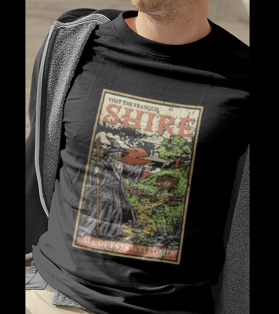 Visit The Tranquil Shire All Guests Welcome Gandalf Hobbit Hole Scene T-Shirt