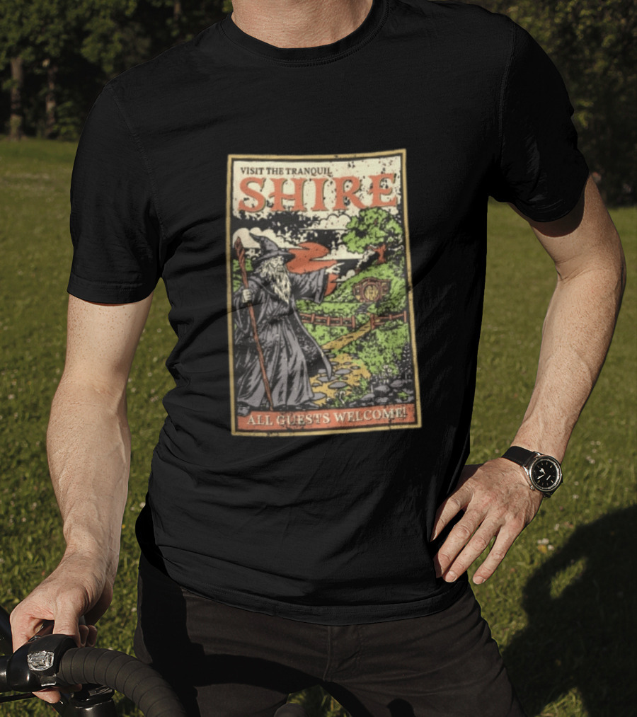 Visit The Tranquil Shire All Guests Welcome Gandalf Hobbit Hole Scene T-Shirt