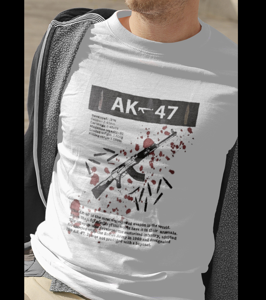 AK 47 1949 Rifle Sketch Red Blood Splatter Bullets Widespread Weapon Statistics T-Shirt