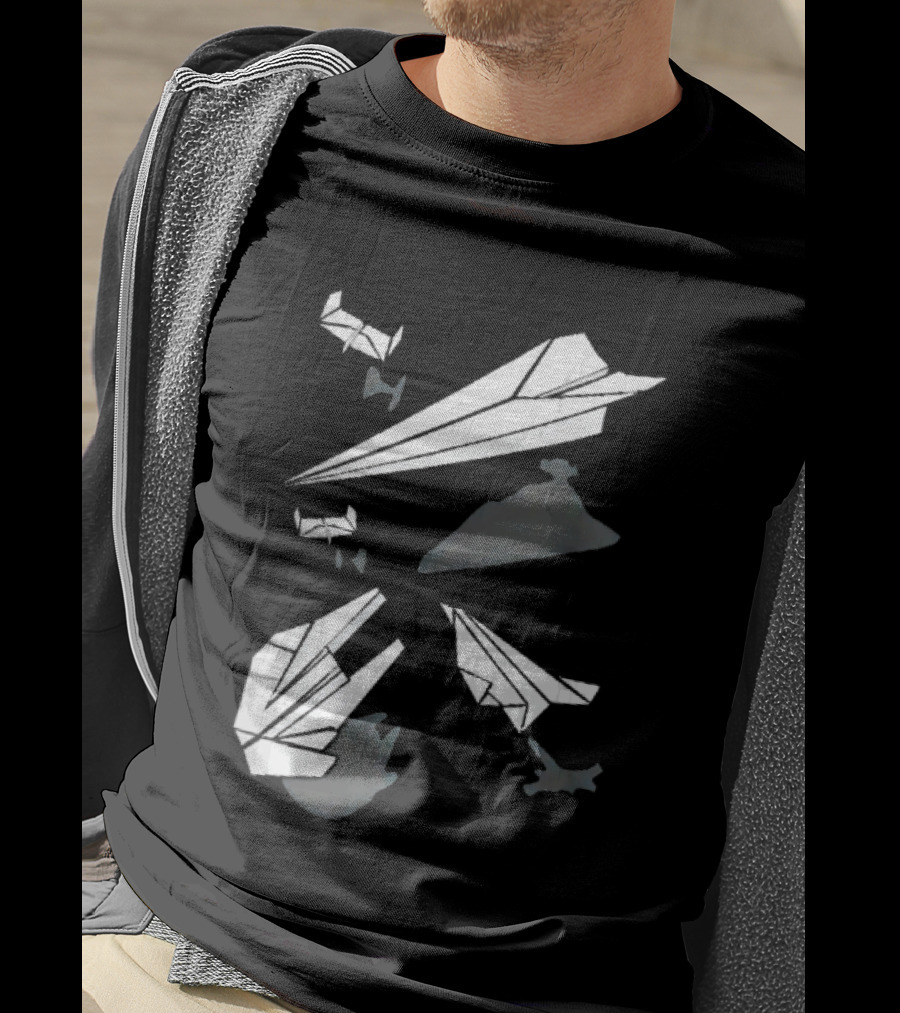 White Origami Paper Airplanes Star Wars Spaceship Shadow Illusions T-Shirt