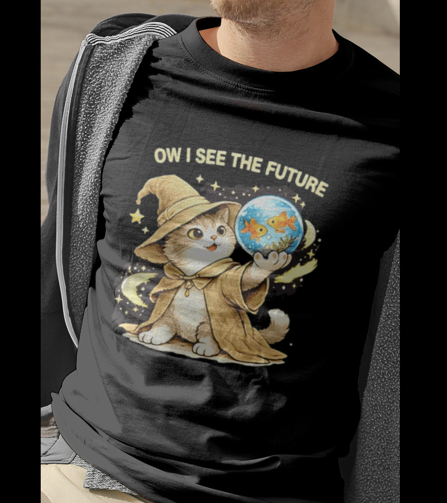 Wizard Cat Halloween Ow I See The Future Goldfish T-Shirt