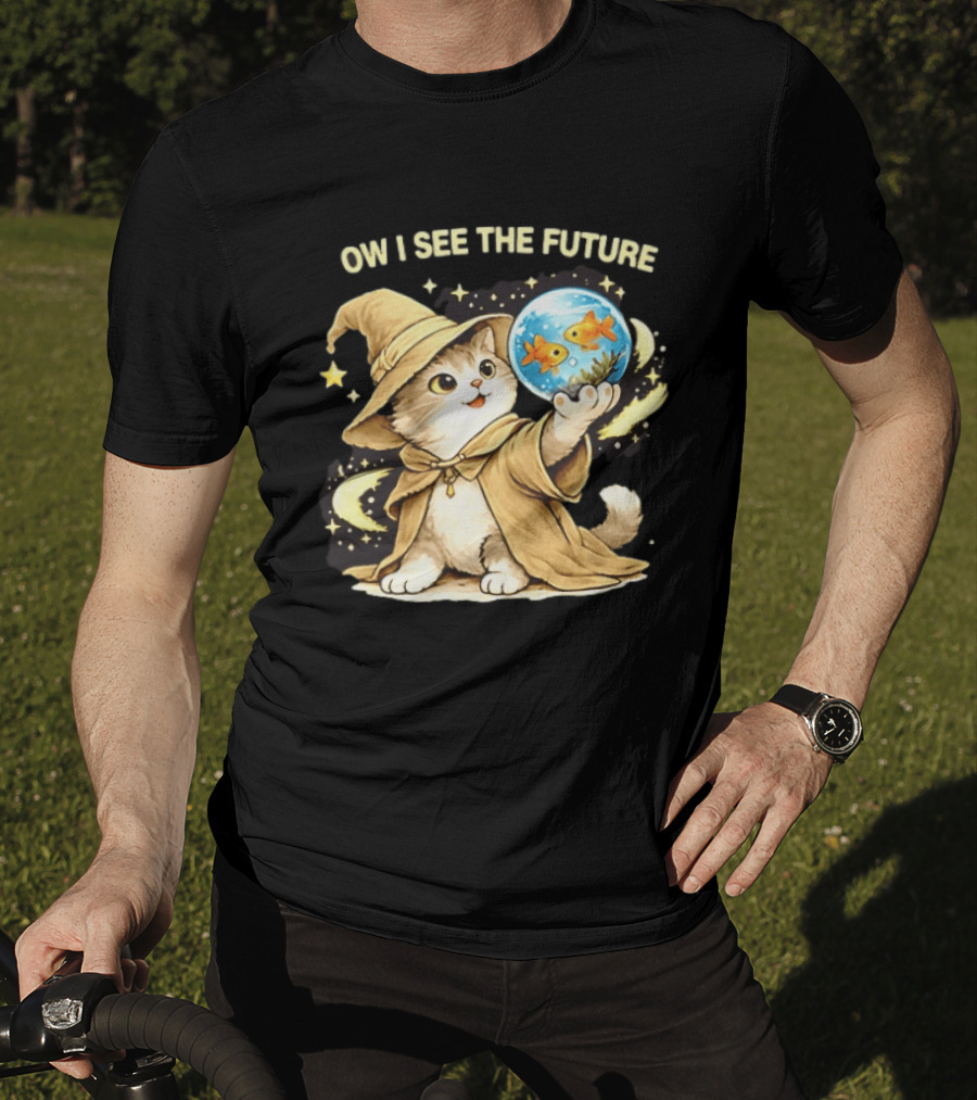 Wizard Cat Halloween Ow I See The Future Goldfish T-Shirt
