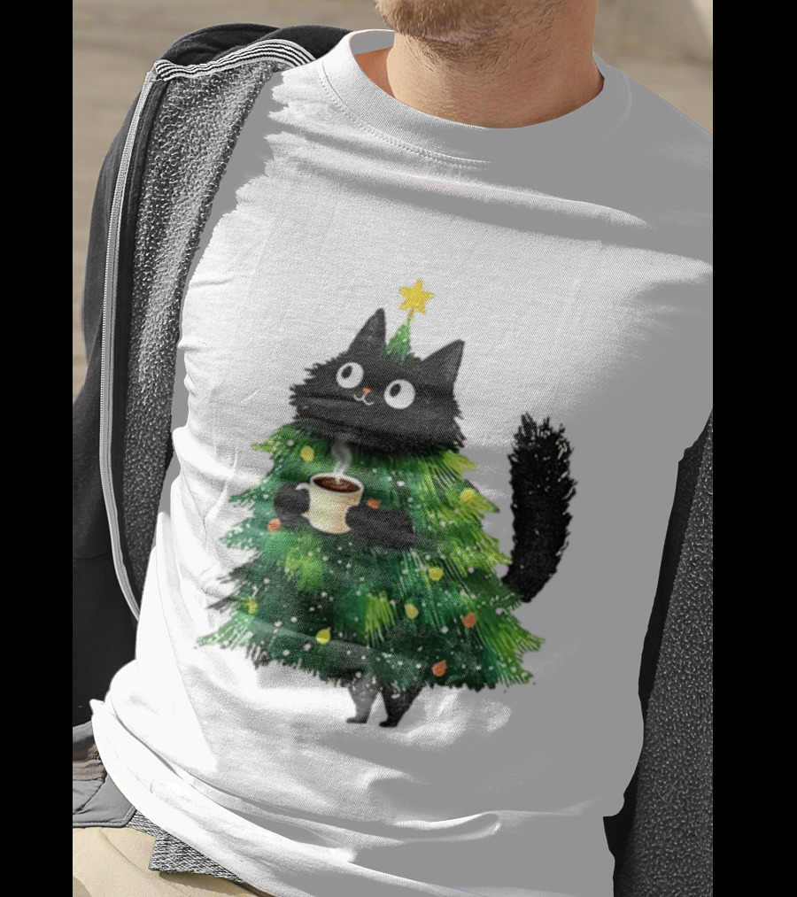 Black Cat Christmas Tree With Hot Coffee Cup T-Shirt