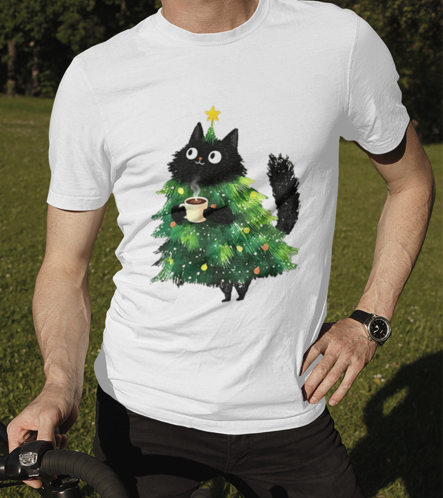 Black Cat Christmas Tree With Hot Coffee Cup T-Shirt