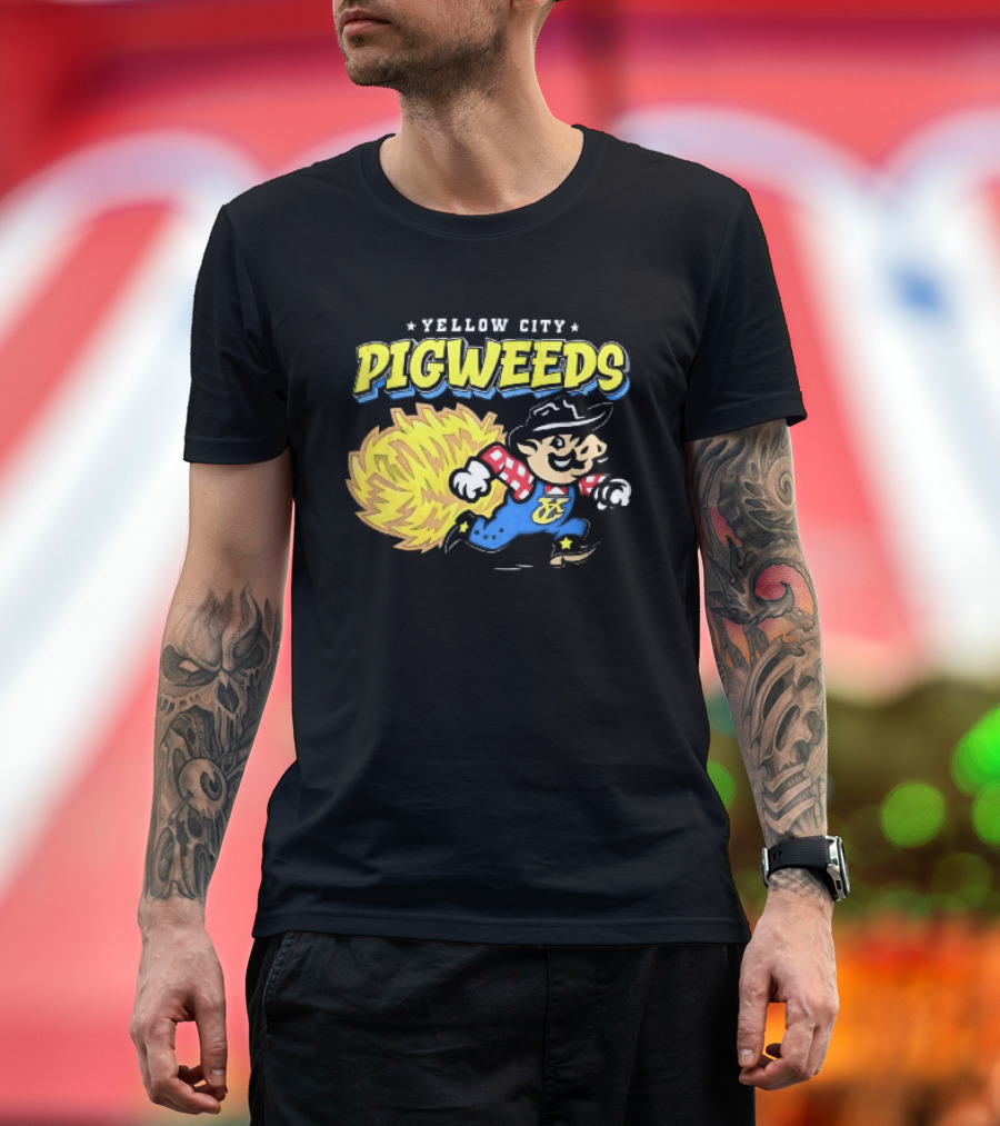 Yellow City Pigweeds Cartoon Cowboy Overalls Tumbleweed Running T-Shirt