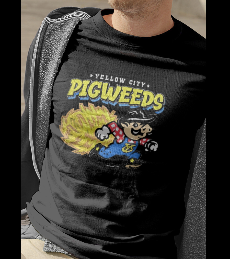 Yellow City Pigweeds Cartoon Cowboy Overalls Tumbleweed Running T-Shirt