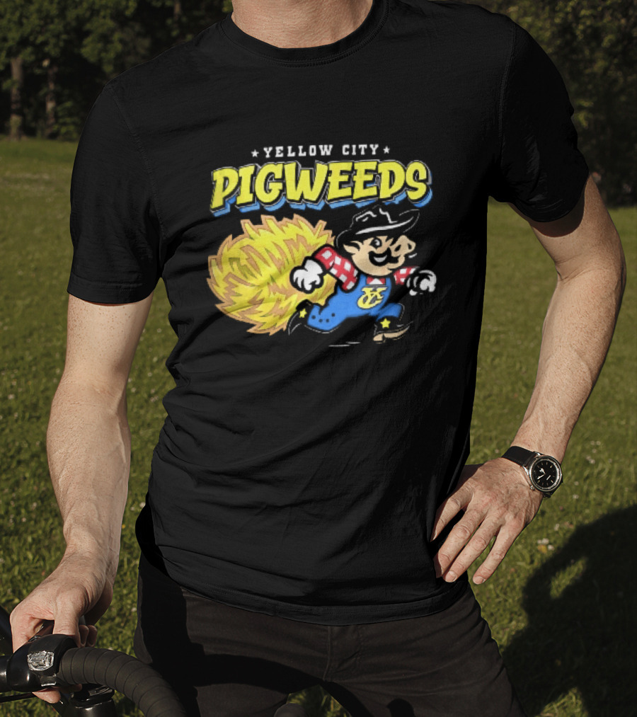 Yellow City Pigweeds Cartoon Cowboy Overalls Tumbleweed Running T-Shirt