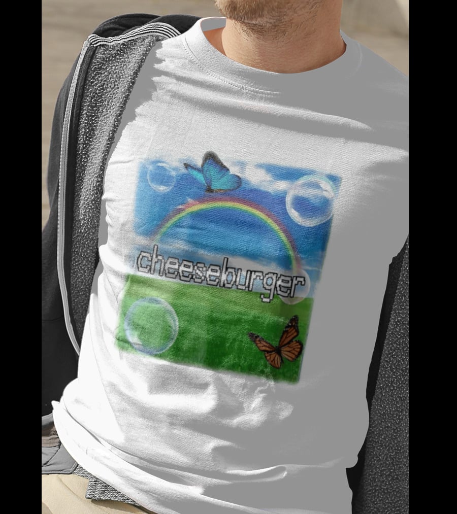 Cheeseburger Pixel Text Rainbow Butterflies Floating Bubbles T-Shirt