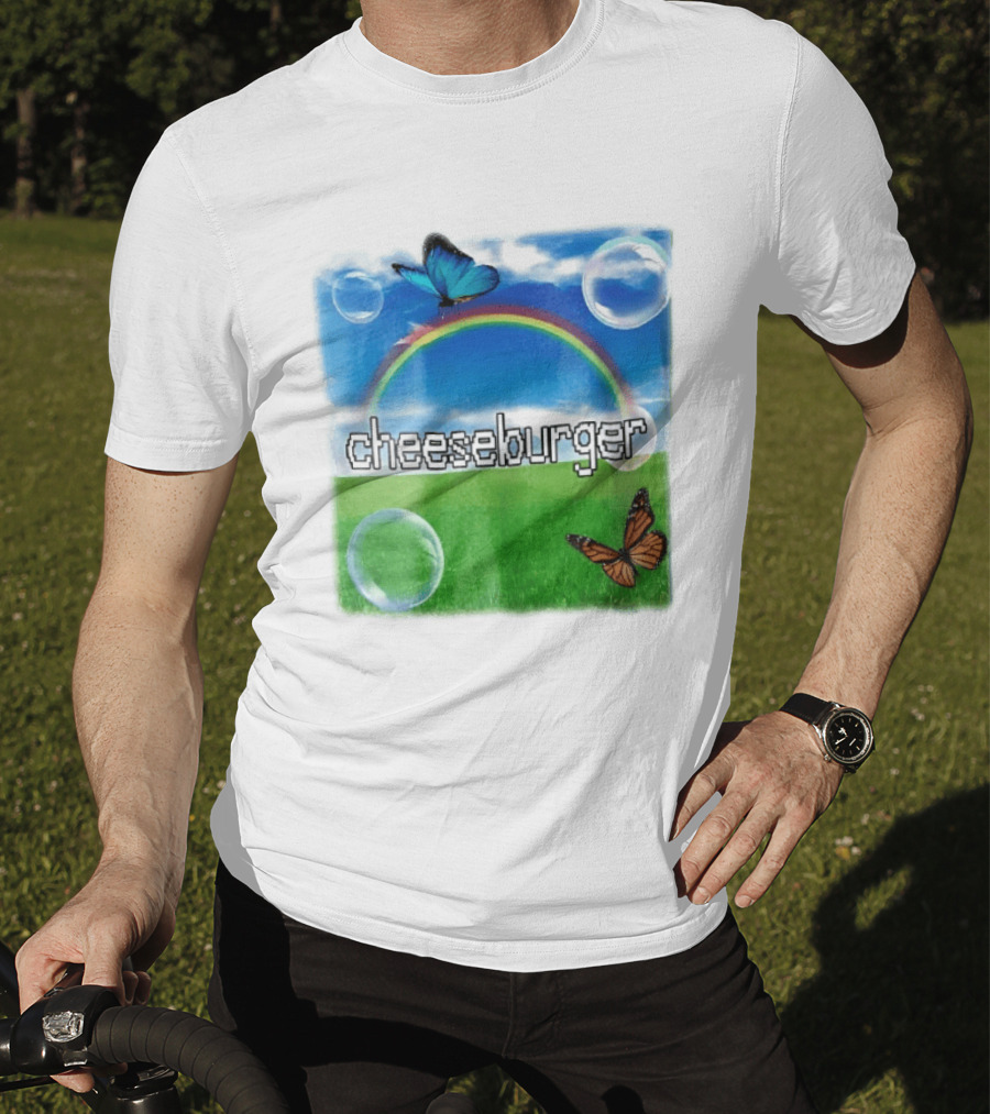 Cheeseburger Pixel Text Rainbow Butterflies Floating Bubbles T-Shirt