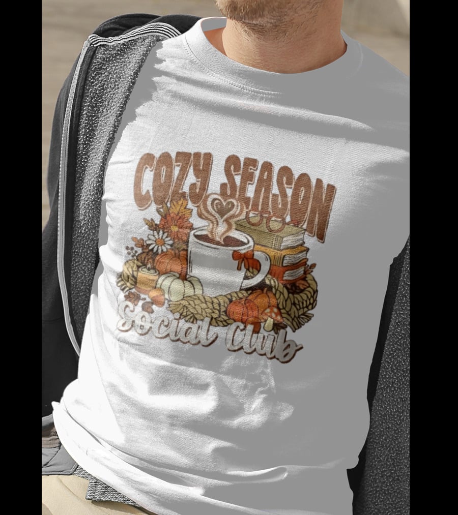 Cozy Season Social Club Coffee Books Pumpkins Knitted Blanket Autumn Vibes T-Shirt