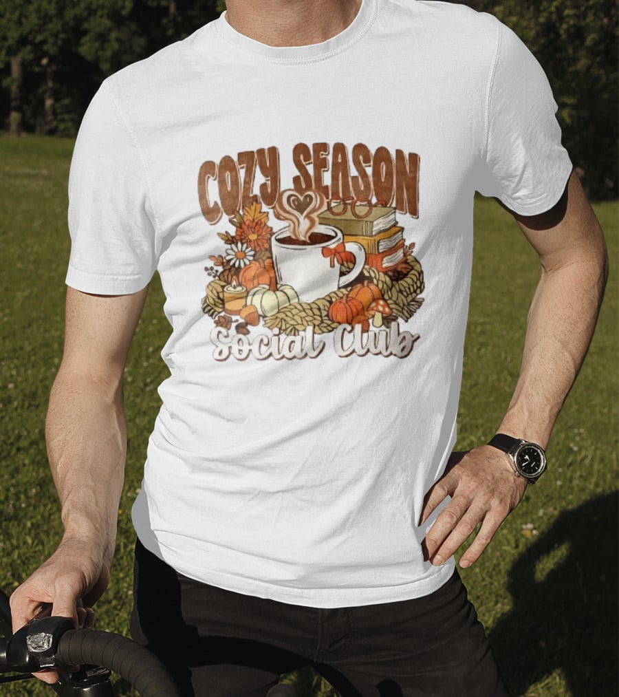 Cozy Season Social Club Coffee Books Pumpkins Knitted Blanket Autumn Vibes T-Shirt