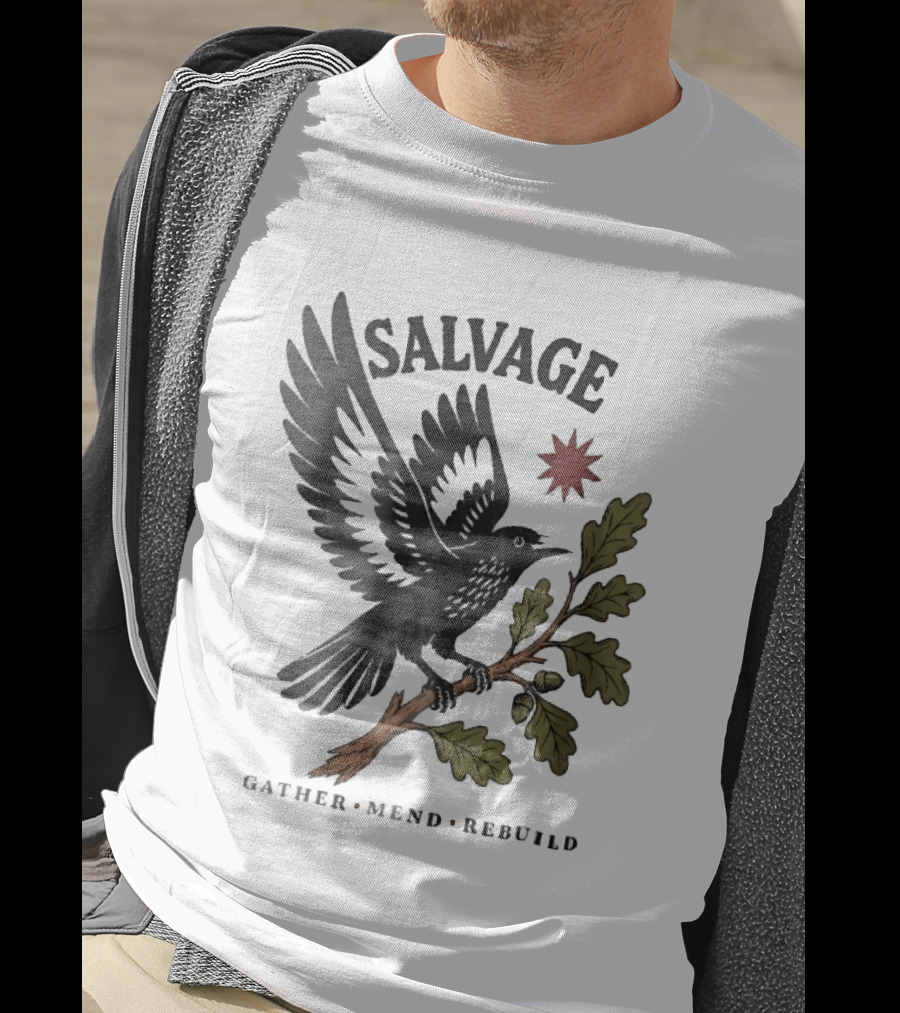 Salvage Gather Mend Rebuild Bird On Oak Branch With Acorns T-Shirt