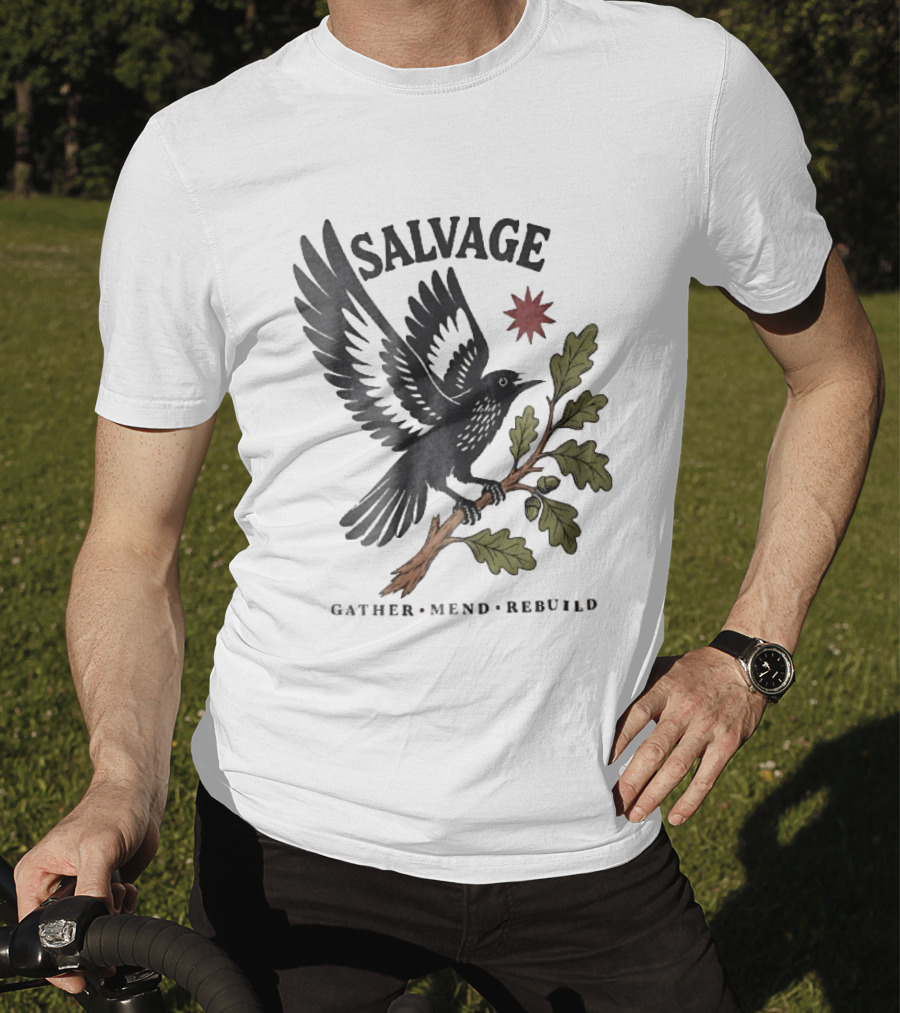 Salvage Gather Mend Rebuild Bird On Oak Branch With Acorns T-Shirt