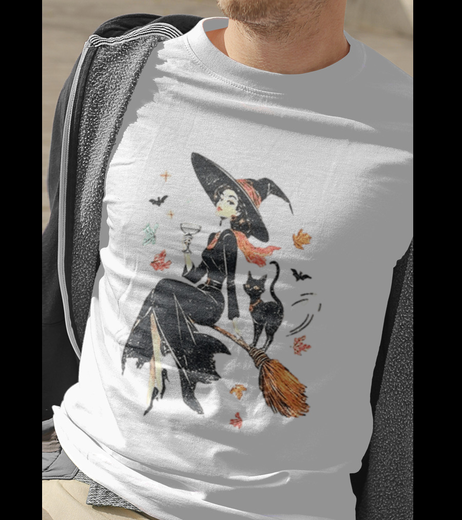 Witch Cat Ringer Spooky Fall Pumpkin Halloween Vintage Witch And Black Cat On Broomstick With Coffee Cup And Autumn Leaves T-Shirt