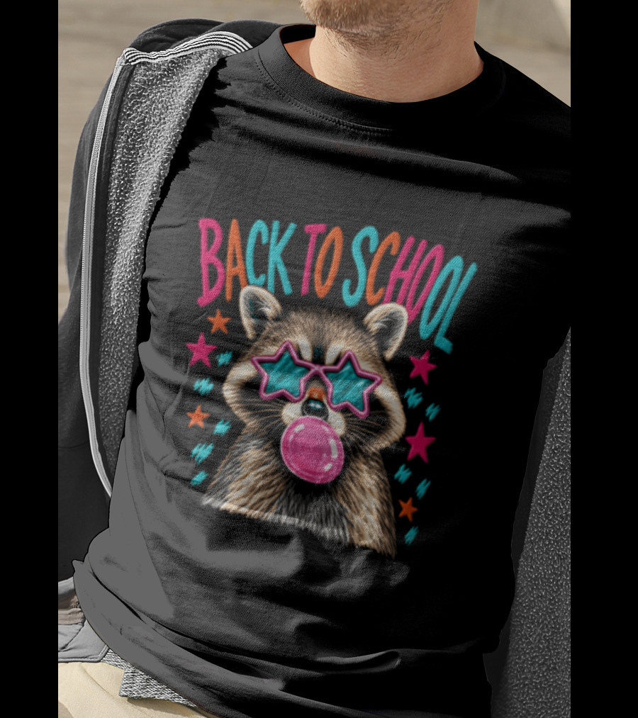 Back To School Raccoon Bubble Gum Star Sunglasses Fun Fashion T-Shirt