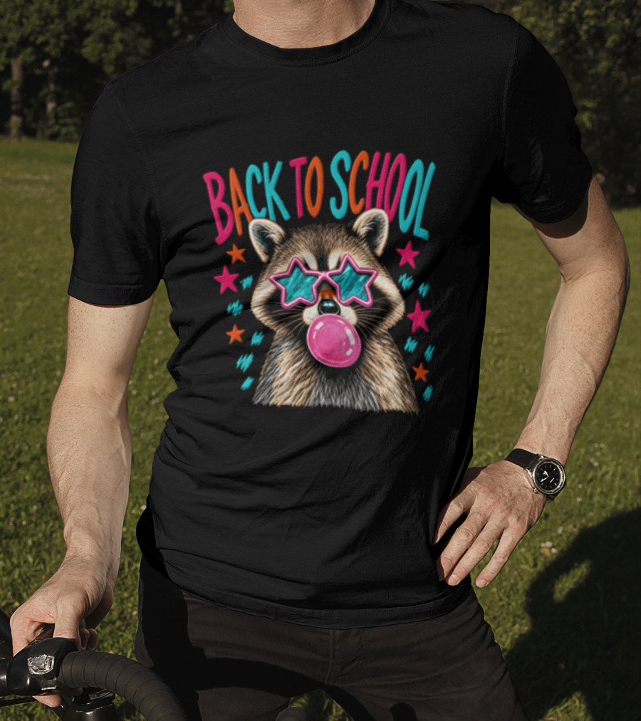 Back To School Raccoon Bubble Gum Star Sunglasses Fun Fashion T-Shirt