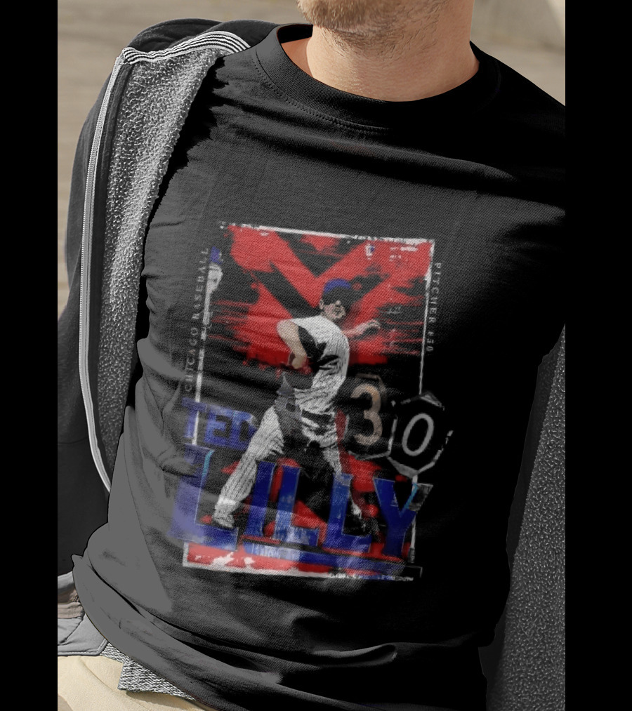Chicago Baseball MLB Pitcher Ted Lilly 30 Distressed Red Black Collage Throwing Photo T-Shirt