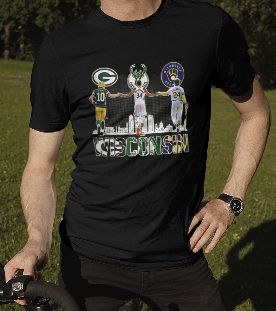 Green Bay Packers Milwaukee Bucks Brewers Wisconsin Antetokounmpo Contreras Love Skyline T-Shirt