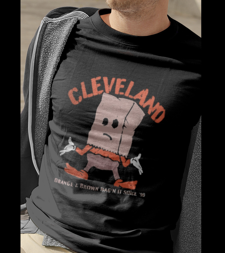 Cleveland Browns Orange Brown Bag N It Since 99 Cartoon Sack Shrugging T-Shirt