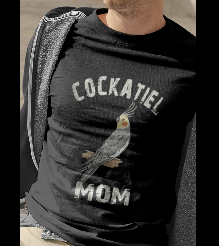 Cockatiel Mom Distressed Grey Bird Illustration Perched On Branch T-Shirt