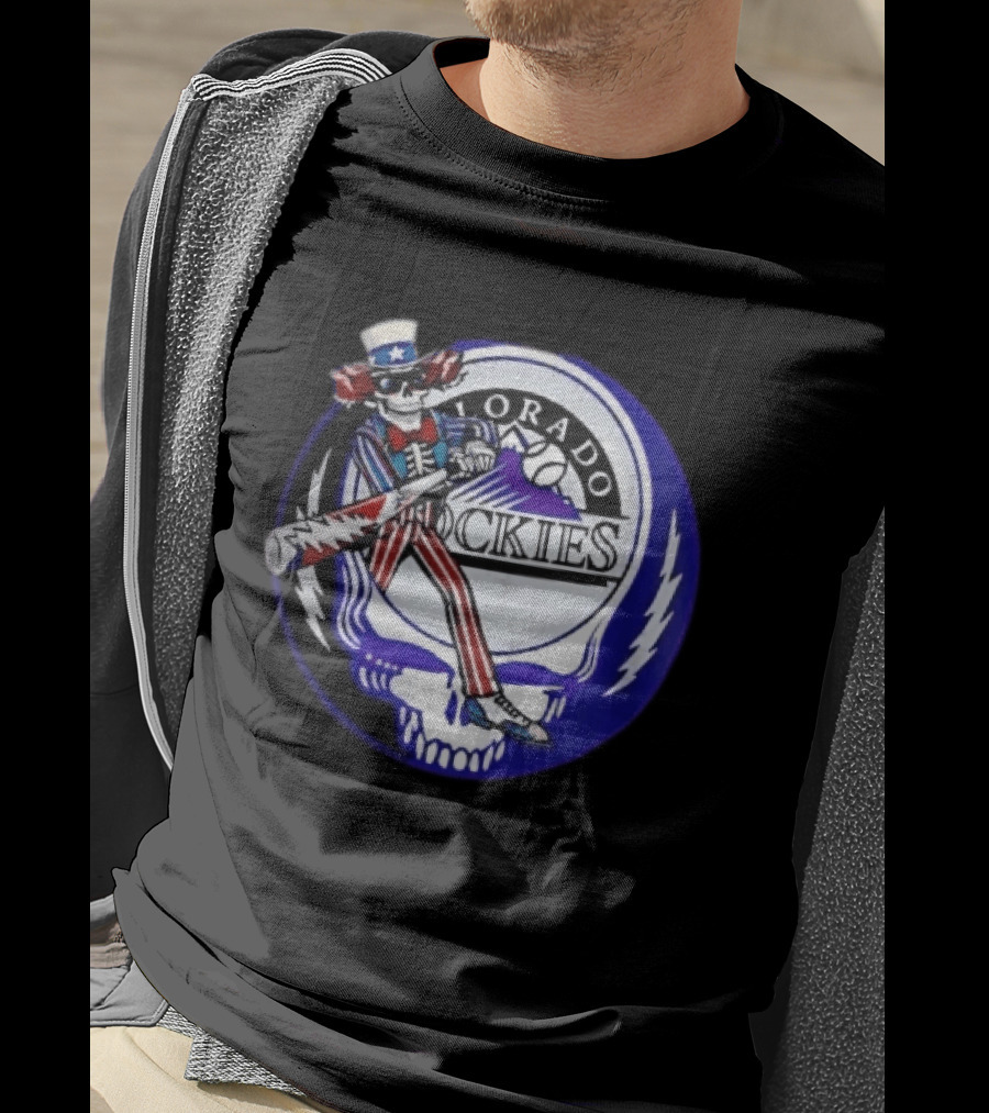 Colorado Rockies Grateful Dead Uncle Sam Skeleton Batting Lightning Stealie Skull T-Shirt