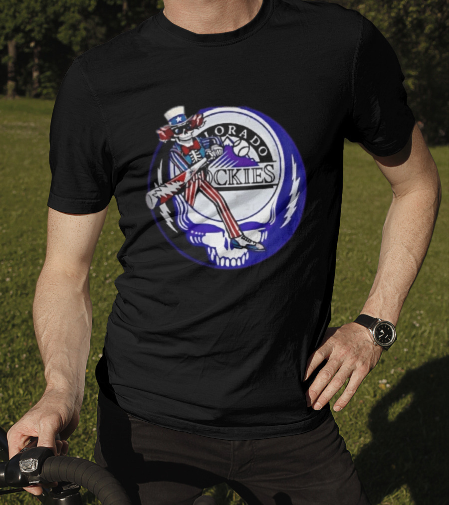 Colorado Rockies Grateful Dead Uncle Sam Skeleton Batting Lightning Stealie Skull T-Shirt